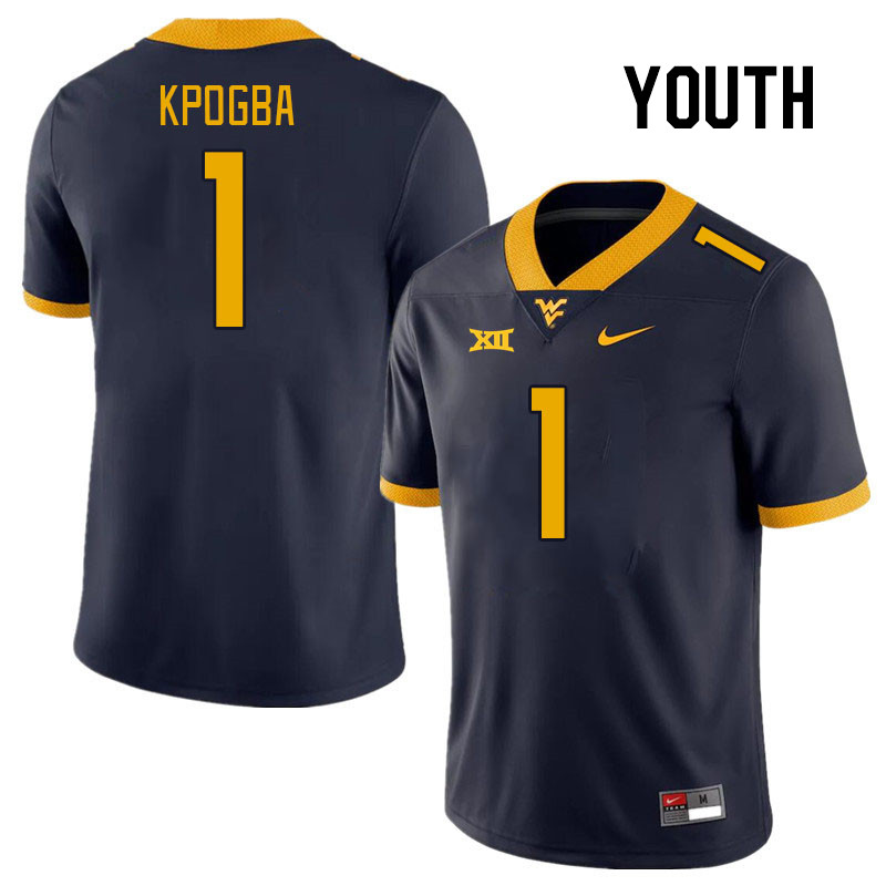 Youth #1 Lee Kpogba West Virginia Mountaineers College Football Jerseys Stitched Sale-Navy - Click Image to Close
